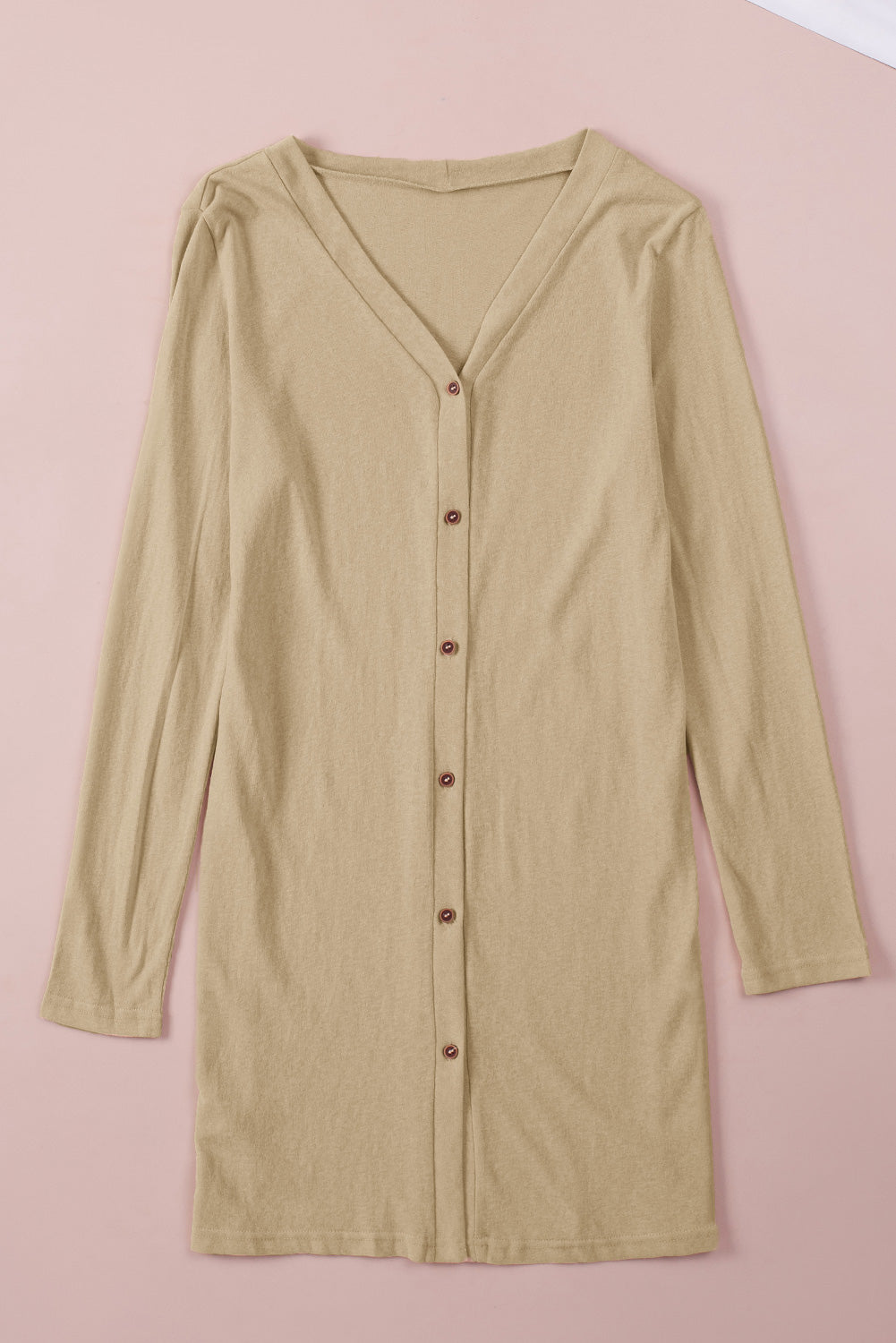 Brown Buttoned Thigh-high Length Plus Size Cardigan