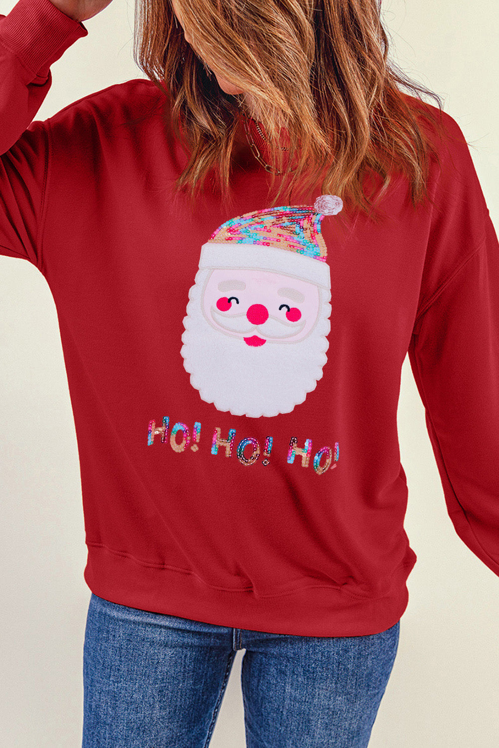 Red Christmas Santa Claus Print Drop Shoulder Sweatshirt